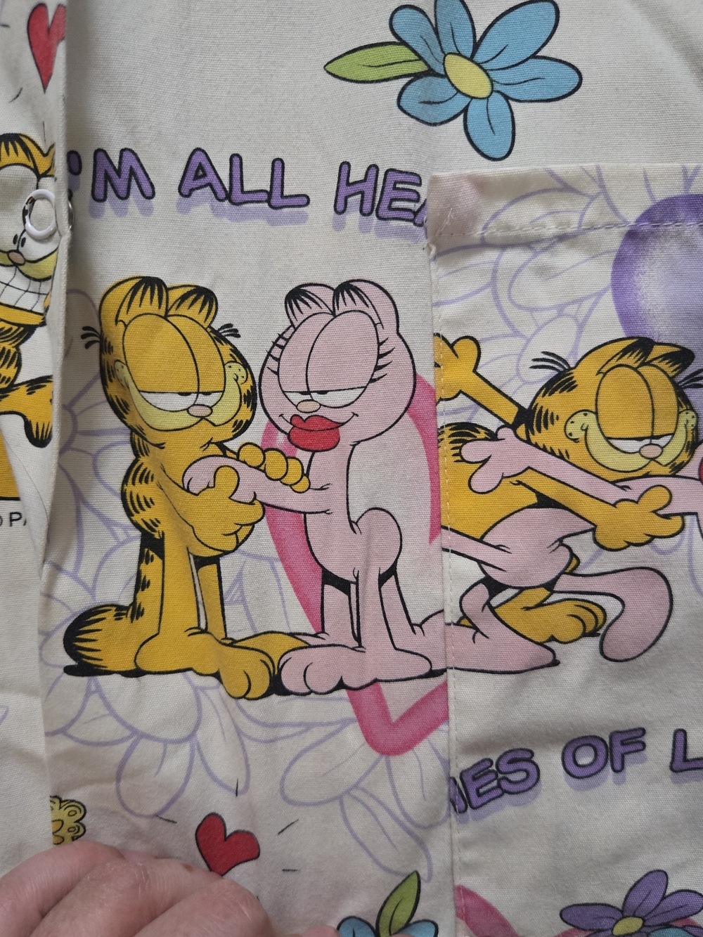 Garfield Cartoon Print Medical Scrub Top - White with Yellow & Purple - Picture 5 of 16